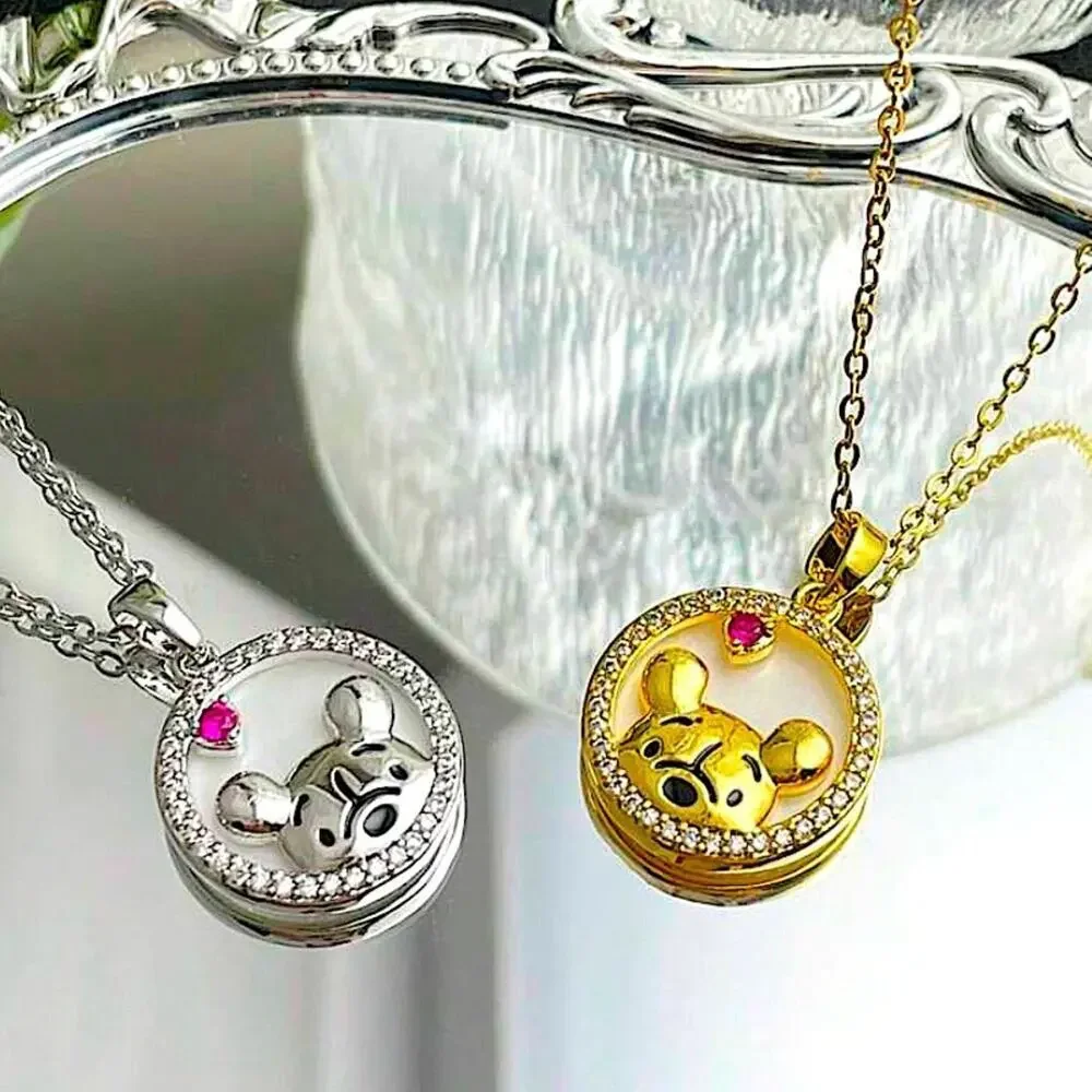 Disney Winnie The Pooh Necklace Charm Gold Plated Crystal Stone